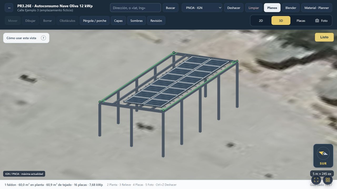 Modelador de LUROPA con una pérgola solar ficticia creada con las herramientas de la demo pública.