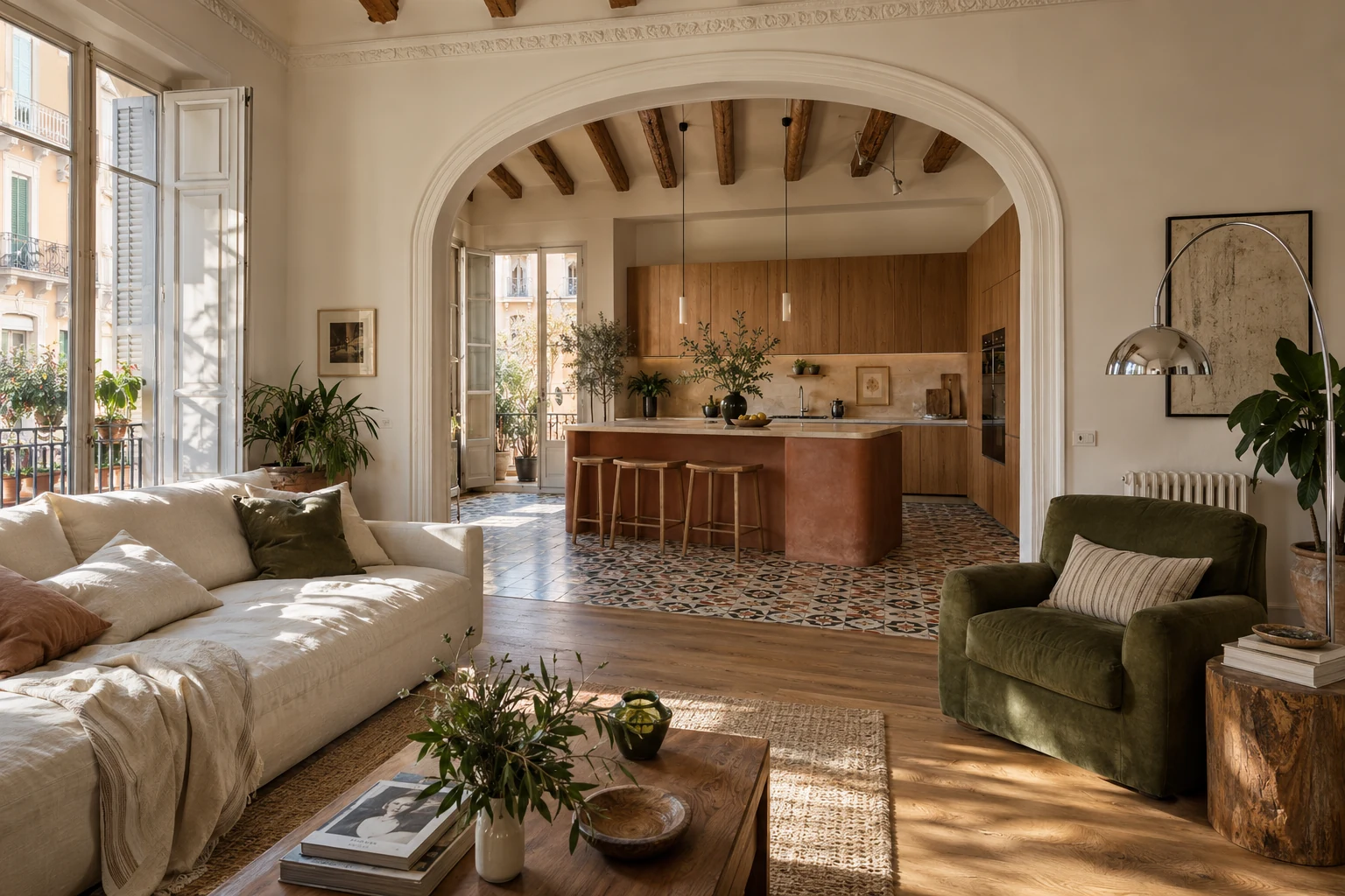 Concepto de piso valenciano con arco conservado, cocina terracota y salón abierto