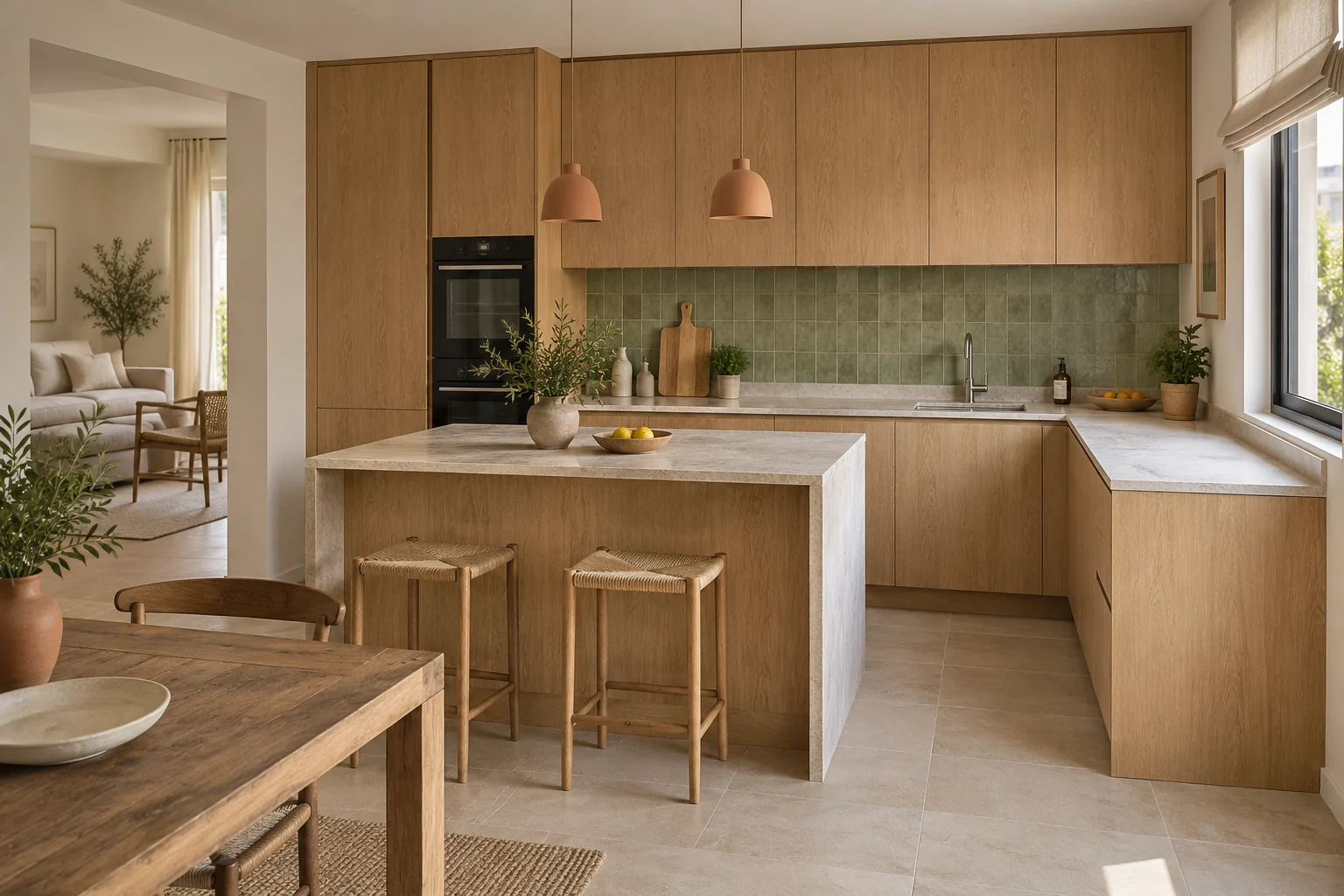 Cocina conceptual de roble con isla y espacio de reunión