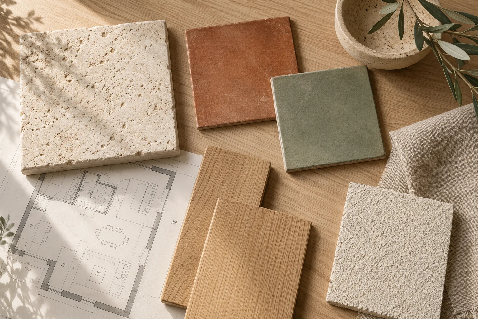 Muestras de madera, cerámica y piedra con un plano de estudio